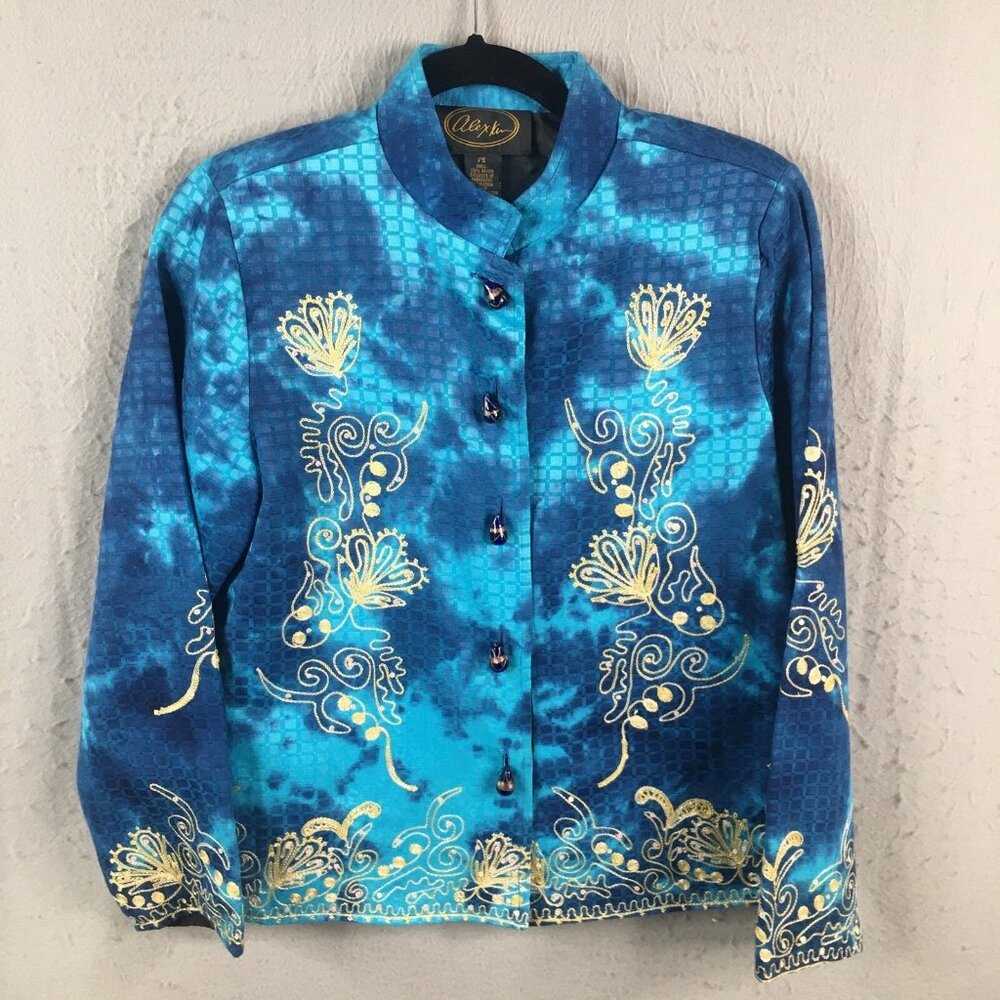 Alex Kim Jacket Womens PS Petite Small Blue Tie Dye Art Glass Button Asian Boho